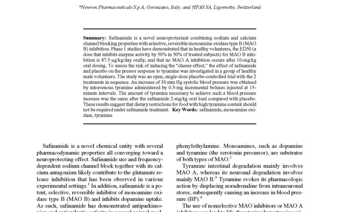 Pressor Response to Intravenous Tyramine in Healthy Subjects After Safinamide, a Novel Neuroprotectant With Selective, Reversible Monoamine Oxidase B Inhibition