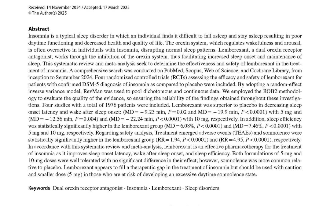 Efficacy and safety of lemborexant vs placebo in treating adults with insomnia disorder: a systematic review and meta‑analysis of 1976 patients