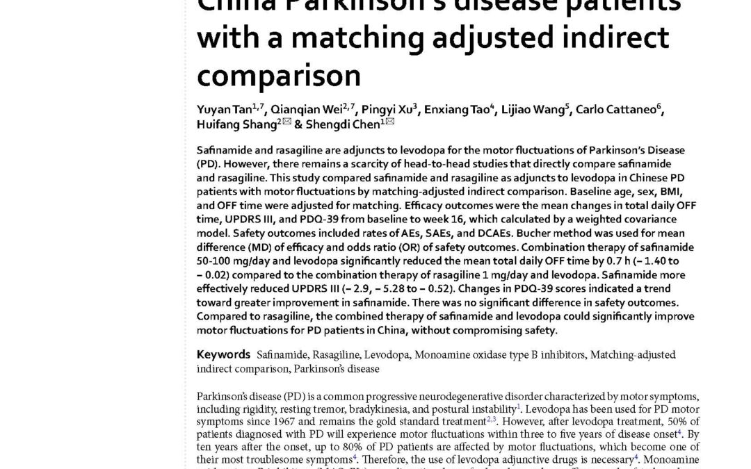 Comparing the efficacy and safety of safinamide with rasagiline in China Parkinson’s disease patients with a matching adjusted indirect comparison