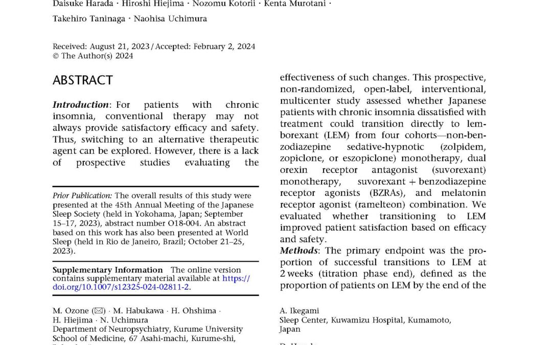 Efficacy and Safety of Transitioning to Lemborexant from Z-drug, Suvorexant, and Ramelteon in Japanese Insomnia Patients: An Open-label, Multicenter Study by Ozone, et al